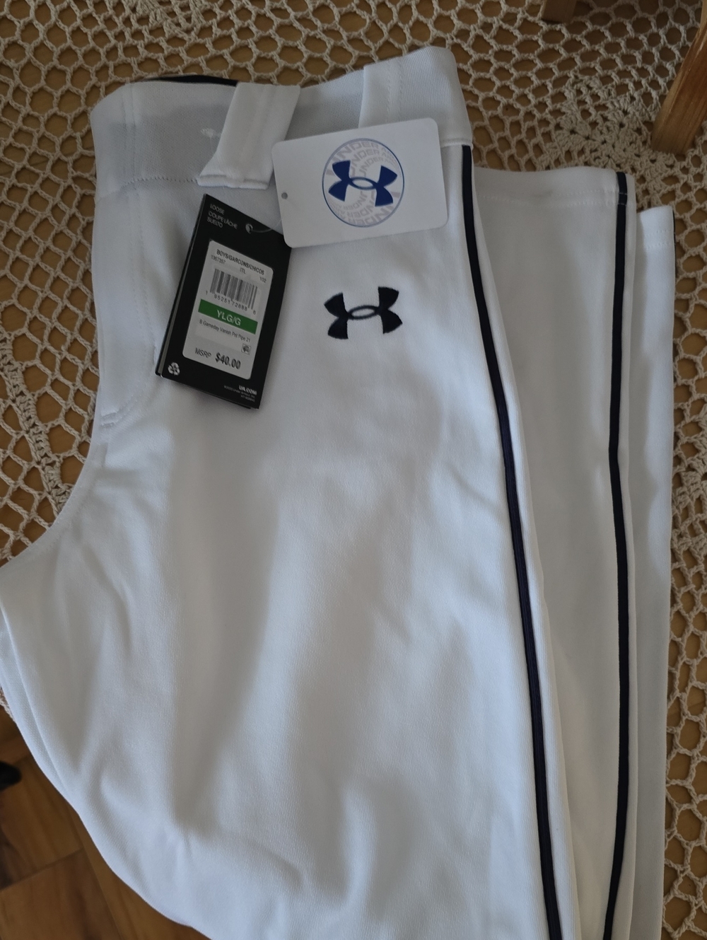 Under Armour White Youth Athletic Pants with Black Piping